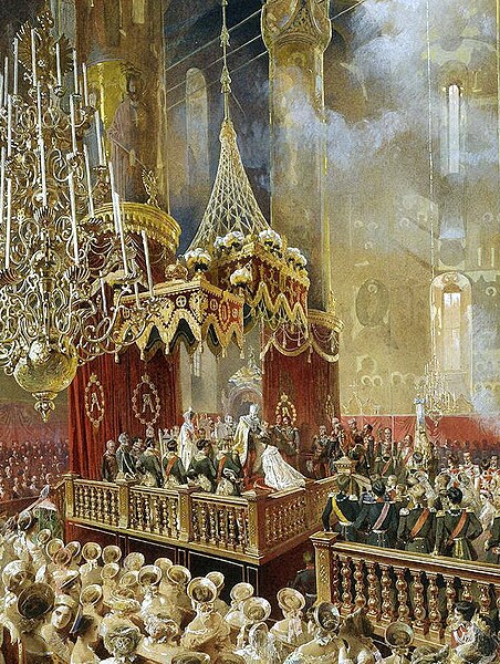 The coronation of Emperor Alexander II and Empress Maria Alexandrovna on 26 August/7 September 1856 at the Dormition Cathedral of the Moscow Kremlin, 