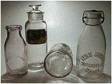 Examples of returnable glass milk bottles from the late 19th century Milk Bottles of the Late 19th century.jpg