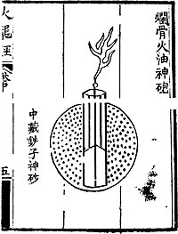 An illustration of a fragmentation bomb known as the 'divine bone dissolving fire oil bomb' (lan gu huo you shen pao) from the Huolongjing. The black dots represent iron pellets. Ming Dynasty fragmentation bomb.jpg