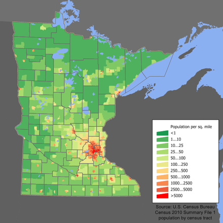 Gęstość zaludnienia w Minnesocie