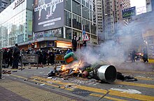 A fire set in Soy Street by the rioters on the morning of 9 February. Mong Kok Civil unrest Fire in Soy Street.jpg