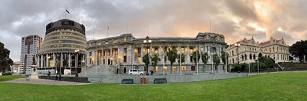 Left to right: Bowen House, the Beehive (Executive Wing), Parliament House and the Parliamentary Library