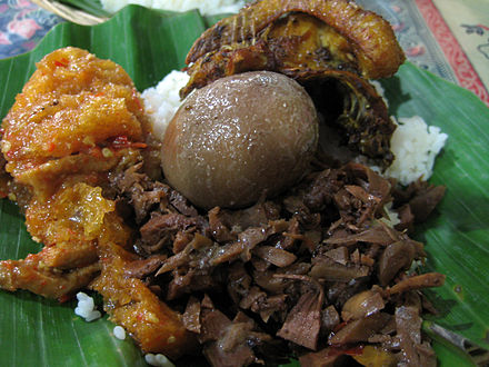 Gudeg, jackfruit stew served with an egg and sambal goreng krecek (spicy cow skin)