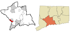 Derby's location within New Haven County and Connecticut