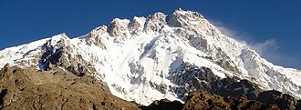 The far southwestern aspect of Nanga Parbat's Rupal face, highest cliff (rock wall/mountain face) in the world. The steepest part of the face is 2 km to the northeast. Northern Areas 40.jpg