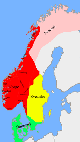 Skandinavien omkring 1020 med Norge i rødt.