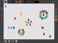 Mock-up of the "neighborhood view" showing children collaborating on various tasks, within the mesh network. By clicking on the icon, communication by Wi-Fi is activated OLPC-Frame.png