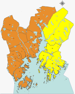 Location of Oddernes, shown in yellow, in Kristiansand