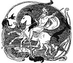Odin på hesten Sleipner med Gere og Freke og Hugin og Munin. Vignett av Lorenz Frølich utgitt i Den ældre Eddas Gudesange 1895.