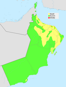 Religious demographics of Oman
Ibadi
Sunni
Shiite Oman Islamic Demographic.png