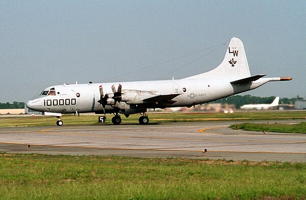 A US Navy Lockheed P-3C of VP-68 Blackhawks, taxiing at NAF Washington during 1994.