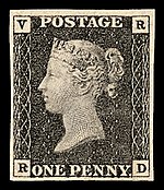 Postage stamp, invented by Sir Rowland Hill, 1840 Penny Black VR.jpg