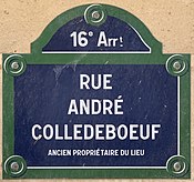 Plaque Rue André Colledebœuf - Paris XVI (FR75) - 2021-08-20 - 1.jpg