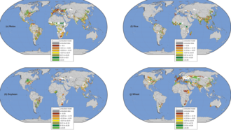 The already observed effects of climate change on the production of four major crops. Ray 2019 climate crop map four major.png