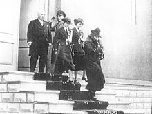 Reza Shah, his wife Tadj ol-Molouk, and their daughters Shams and Ashraf, 8 January 1936 Rezaschahwifedaughters.jpg