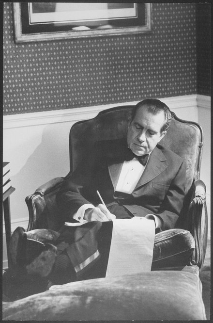 Richard Nixon working in the Lincoln Sitting Room