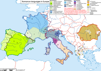 Current distribution of Romance Languages in Europe Romance 20c en.png