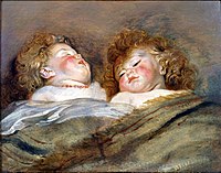 Two sleeping children label QS:Len,"Two sleeping children" label QS:Lpl,"Dwoje śpiących dzieci" label QS:Lnl,"Twee slapende kinderen" . circa 1612-1613. oil on panel medium QS:P186,Q296955;P186,Q106857709,P518,Q861259 . 50.5 × 65.5 cm (19.8 × 25.7 in). Tokyo, National Museum of Western Art.