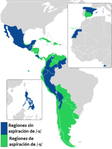 The regions in green present post-vocalic aspiration of /s/
; the regions in blue do not. S aspiration in Spanish.png