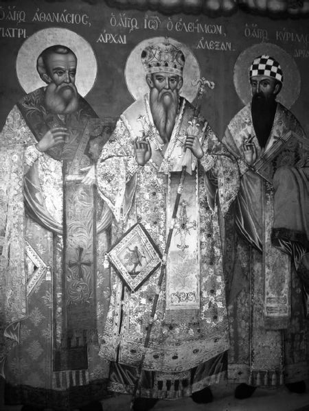 File:Saint Athanasius, John Eleimon and Cyril of Alexandria Icon by Veniamin of Galatista, 1833.jpg