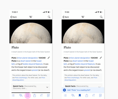 Dva snímky obrazovky článku Pluto z aplikace pro iOS: Vlevo je zvýrazněna možnost "Uložit" v zobrazení článku. Vpravo je zobrazena následná výzva k přidání "Pluto" do seznamu četby?