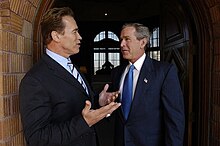 President George W. Bush meets with Schwarzenegger after his successful election to the California Governorship. Schwarzenegger Bush.jpg