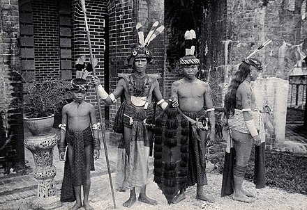Sea Dayaks with weapons and head-dresses, c. 1896