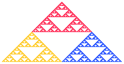 Sierpinski triangle created using IFS (colored to illustrate self-similar structure) Sierpinski1.png