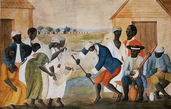 The Old Plantation, c. 1785–1795, the earliest known American painting to picture a banjo-like instrument, which shows a four-string instrument with i