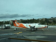 One of Sounds Air's PC12's (ZK-PLV) at Wellington International. Sounds Air PC-12 ZK-PLV at WLG (32929247345).jpg