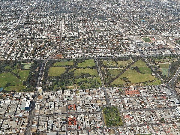 Aerial view of South Park Lands showing Parks 20, 21, 22 & Whitmore Square in the lower right.