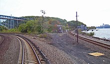 The West Side Line (right, un-electrified) joins the Hudson Line just north of Spuyten Duyvil. Spuyten Duyvil joint.jpg