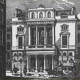 old drawing of exterior of neo-classical building