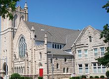 The parsonage can be seen on the right. St. John's United Methodist Church (Davenport, Iowa).jpg