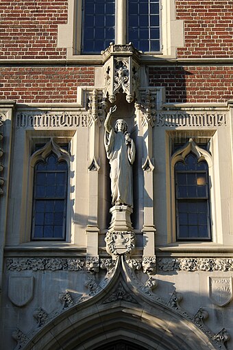 Statue of Portia, above the front entrance to the Martha Cook Residence Hall