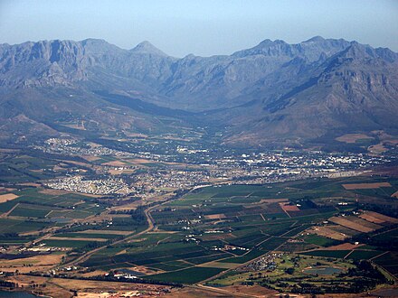 Aerial view of Stellenbosch, showing the dramatic landscape.