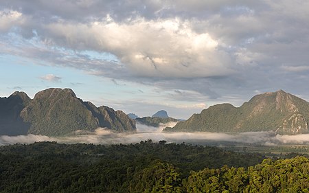 Fail:Sunny mist in the mountains at golden hour, South-West view from Mount Nam Xay, Vang Vieng, Laos.jpg