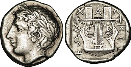 Coin minted by the Chalcidian League, depicting Apollo and a lyre