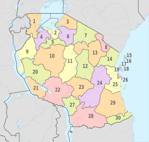 Tanzania, administrative divisions - Nmbrs - colored.svg