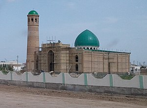 Mosque under construction in Tejen, Ahal Province, Turkmenistan, in May 2018
