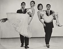 L. to R. : Dean Martin, Anna Maria Alberghetti, Eva Bartok & Dewey Martin in a 1957 publicity still for the movie. Ten Thousand Bedrooms (1957) still 2.JPG