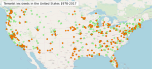 Map of 2,872 terrorist incidents in the contiguous United States from 1970 to 2017.
KEY: Orange: 2001-2017; Green: 1970-2000 Terrorist incidents map of the United States.png