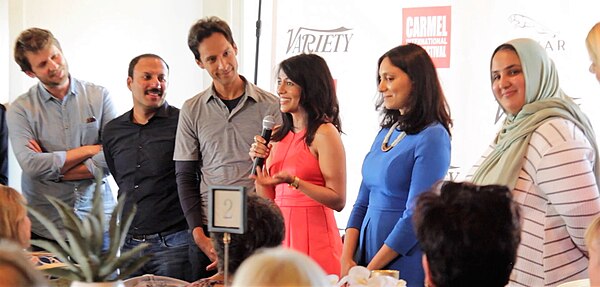 Left to right: actors Jon Heder, Rizwan Manji, Danny Pudi, Karen David, producer Megha Kadakia, director and writer Lena Khan discuss The Tiger Hunter