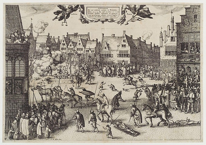 Engraving of conspirators of the Gunpowder Plot being hanged, drawn and quartered in London.
