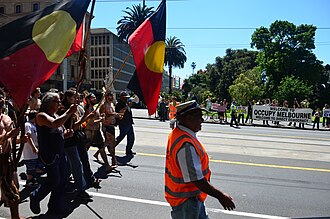 Richard Frankland (with megaphone) at the Thousand Warrior march passing Occupy Melbourne in Treasury Gardens, 5 November 2011 Thousand Warrior March passing Occupy Melbourne protest DSC 6126.jpg