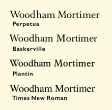 A digitisation of Times New Roman below the three typefaces originally considered as a basis for the Times project: Perpetua, Baskerville and Plantin. Times is most based on Plantin, but with the letters made taller and its appearance "modernised" by adding eighteenth- and nineteenth-century influences, in particular enhancing the stroke contrast. Compared to Baskerville and Perpetua, the x-height is a larger proportion of the type height. Times ancestors.png