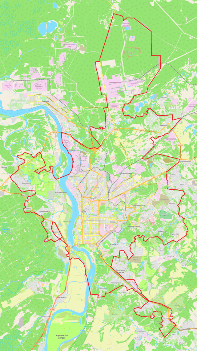 Mapa konturowa Tomska, blisko centrum na dole znajduje się punkt z opisem „Tomsk, sobór Objawienia Pańskiego”