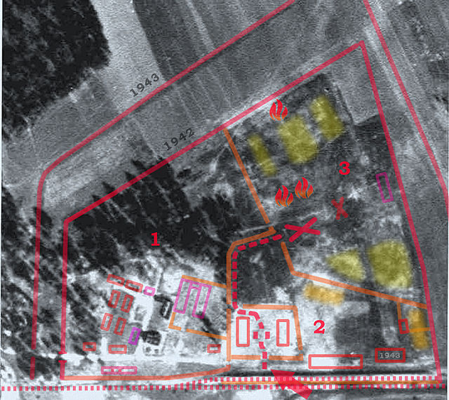 The 1944 aerial photo of Treblinka II after efforts at "clean-up", or disguising its role as a death camp. The new farmhouse and livestock building ar