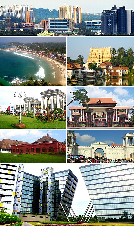Clockwise, from top: View of Kulathoor, Padmanabhaswamy Temple, Niyamasabha Mandiram, East Fort, Technopark, Kanakakkunnu Palace, Thiruvananthapuram Central and Kovalam Beach