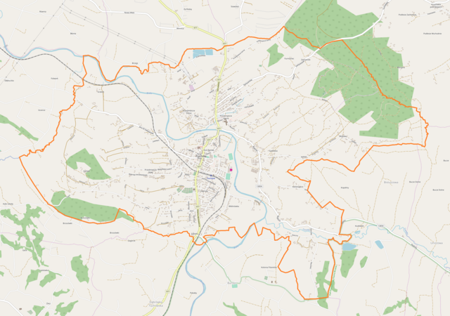 Mapa konturowa Tuchowa, w centrum znajduje się punkt z opisem „Tuchów, kościół św. Jakuba”